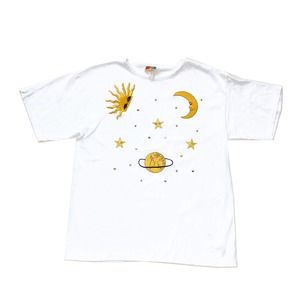 Vintage 80's Single Stitch Astrological Embroidered Patches White Crew Tshirt